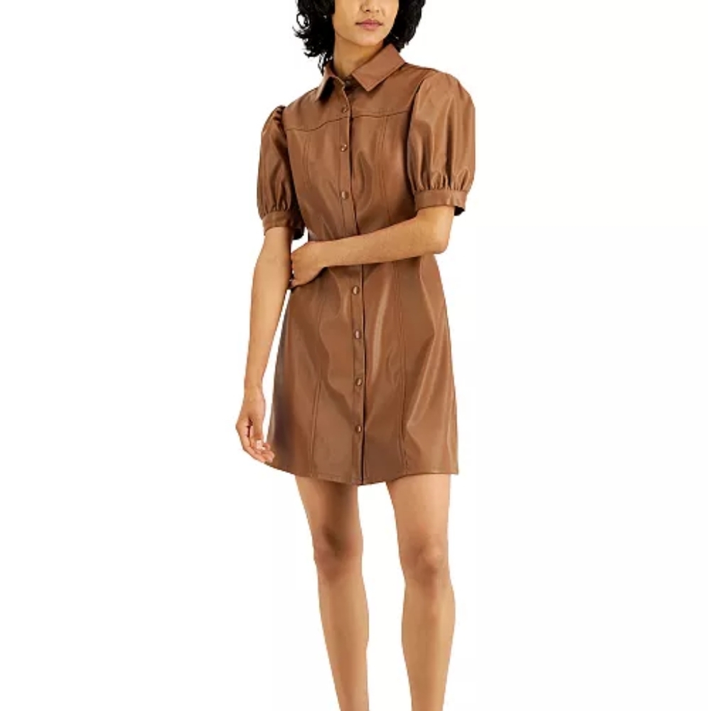 NWT Kit + Sky "Day Pink" Brown Faux Leather Puff Sleeve Mini Shirt Dress XS Fall